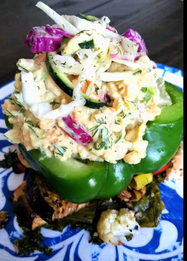 Option 1 - Ki's famous smashed chickpea salad with roasted sweet potatoes and tomatoes