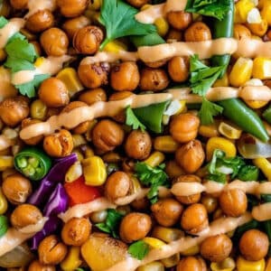 Option 3 - Organic grilled corn, purple cabbage, green beans, roasted red bell peppers and chickpeas drizzled with a creamy bbq sauce
