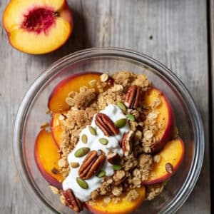 Breakfast/Dessert - Baked peaches with almond flour crumble topped with a yogurt sauce