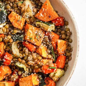 Option 3 - Lentils, with roasted butternut squash, shallots, eggplant, and cabbage bowl with sweet mustard thyme dressing
