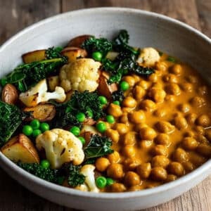 Option 3 - Butter masala channa with Mumbai style roasted potatoes with green peas, kale and cauliflower.
