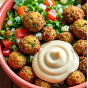 Meals in Minutes - Fresh crispy tabouleh salad with millet and falafel croutons topped with tahini sauce.