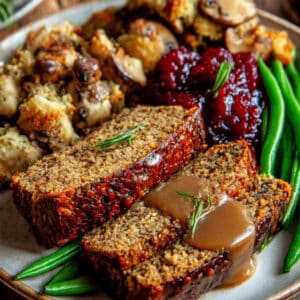 Option 1 - Lentil loaf with mushroom gluten-free stuffing, gravy, crancherry sauce and lemon/garlic green beans.
