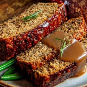 Option 3 - Lentil loaf with roasted veggies and mushroom gravy.
