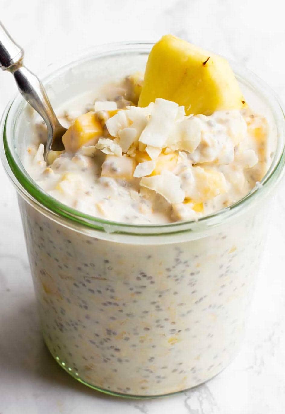 Dessert - Pina colada over night oats with chia, mango and toasted coconut.