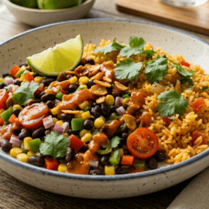 Option 3 - Cowboy caviar with spanish rice and garlic chipotle sauce