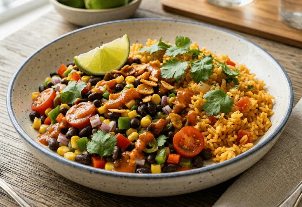 Option 3 - Cowboy caviar with spanish rice and garlic chipotle sauce