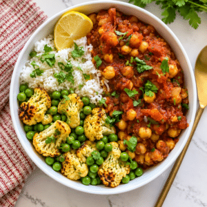 Option 2 - Butter masala channa with rice and cauliflower with peas