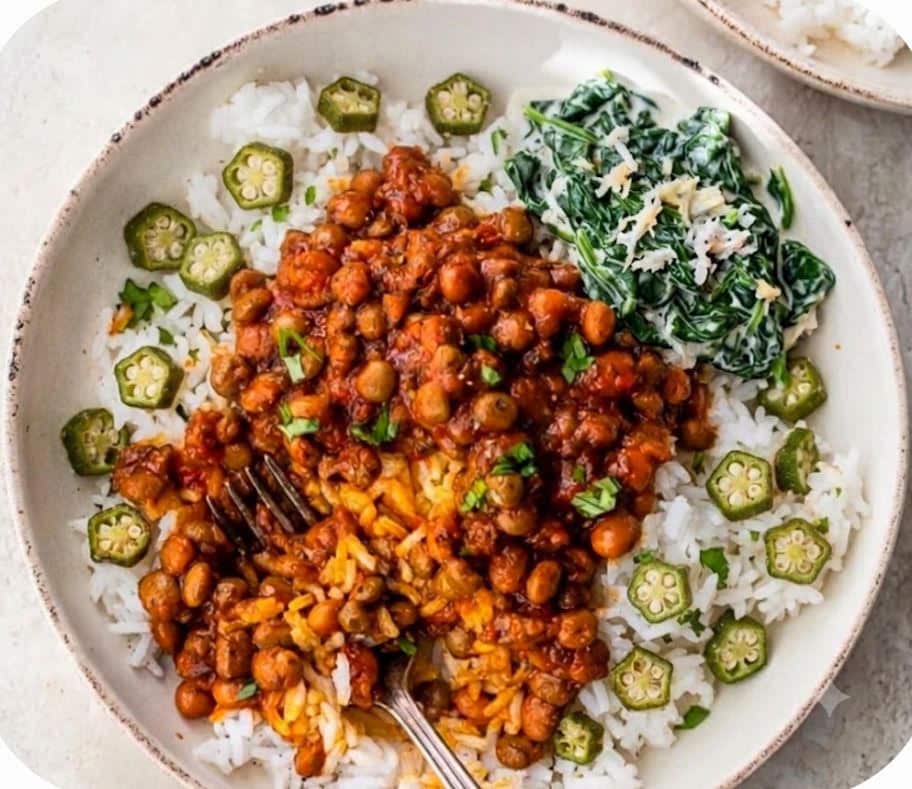 Option 3 - Trinidadian stewed peas, veggie rice and coconut spinach