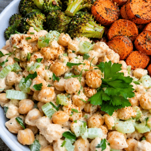 Option 1 - Smashed chickpea salad with roasted broccoli and carrots